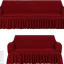 2 Pcs Sofa Slipcover Set for Couch Cushion Couch Cover with Skirt Durable Washable High Elastic Stretchable Furniture Covers for Sofa Loveseat Couch Arm Chair(Wine Red)