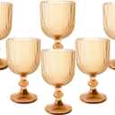 Vintage Wine Glasses Set of 6, 11 Ounces Colored Glass Water Goblets, Colorful Unique Embossed Pattern High Clear Stemmed Glassware Wedding Party Bar Glass Drinking Cups Vertical Line Gold Amber