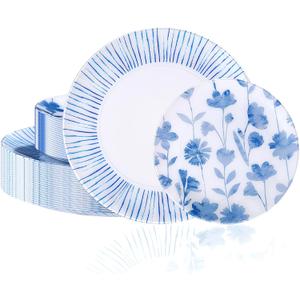 U-QE 50Pcs Blue Plastic Plates - Botanical Stripes Plates Disposable Heavy Duty, Fancy Floral Pattern Perfect for Weddings, Tea Parties, Holidays - 10.25" Dinner & 7.5" Dessert Plastic Plate