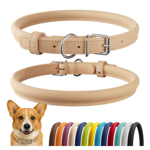 CollarDirect Rolled Leather Dog Collar, Soft Padded Round Puppy Collar, Handmade Genuine Leather Collar Dog Small Large Cat Collars  (11-14 Inch, Beige Smooth)