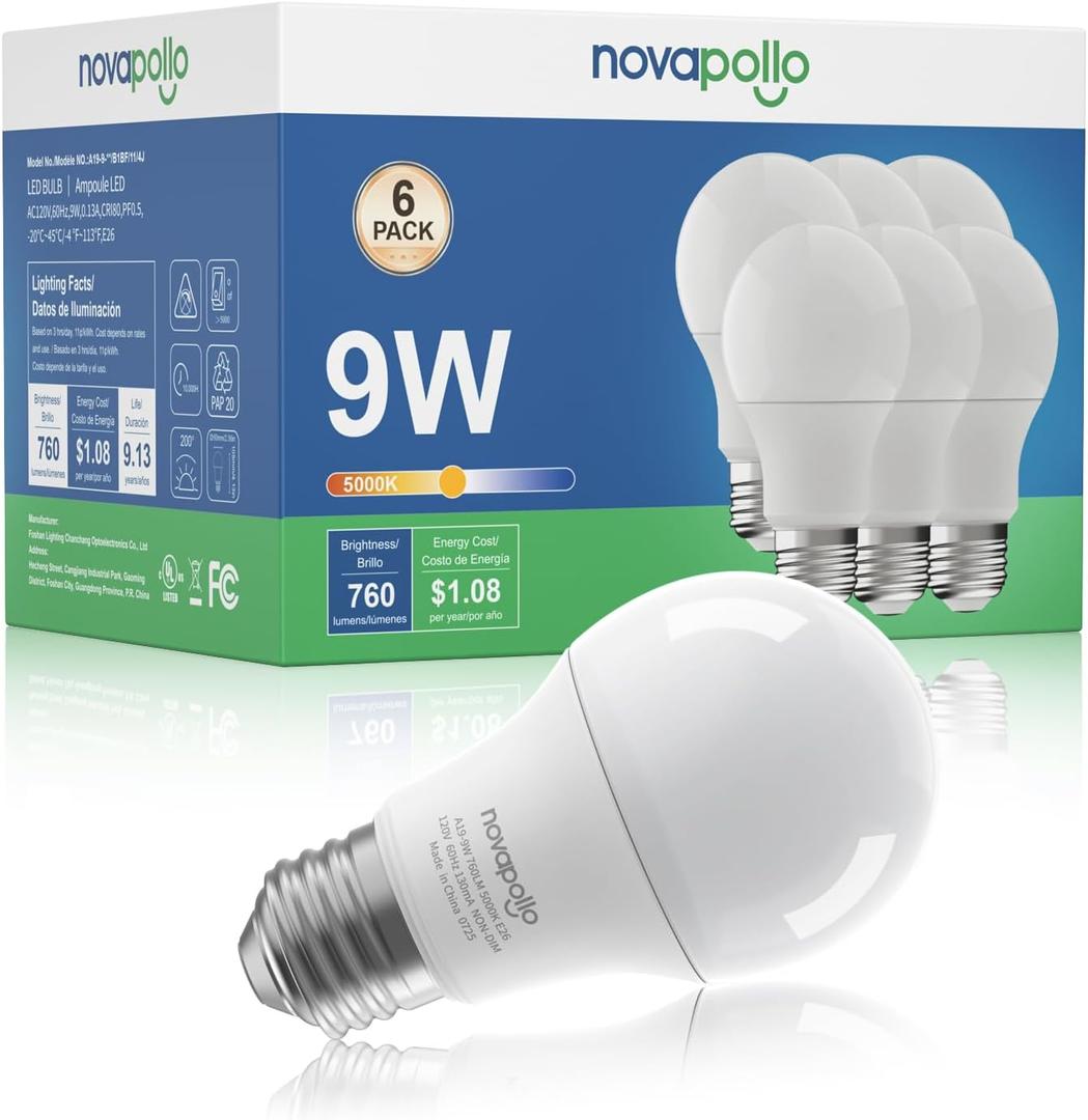 A19 LED Light Bulb, 60W Equivalent, Efficient 9W, 760 Lumens, Non-Dimmable, 5000K, Daylight White- 6 Pack