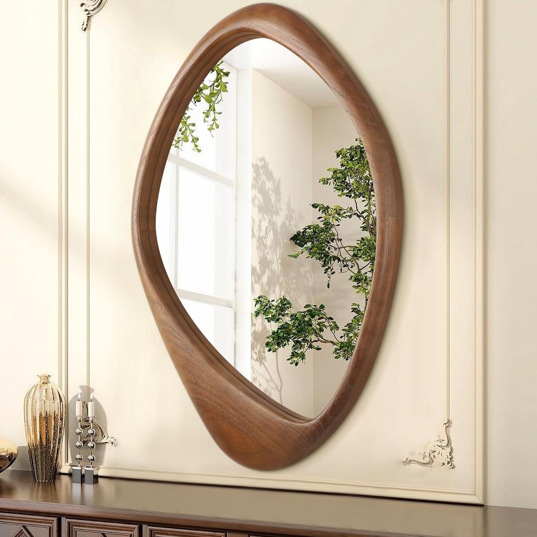 AAZZKANG Asymmetrical Wall Mirror Large 28"x20" Retro Irregular Vanity Mirrors Decorative for Bathroom Bedroom Living Room Hallway Brown
