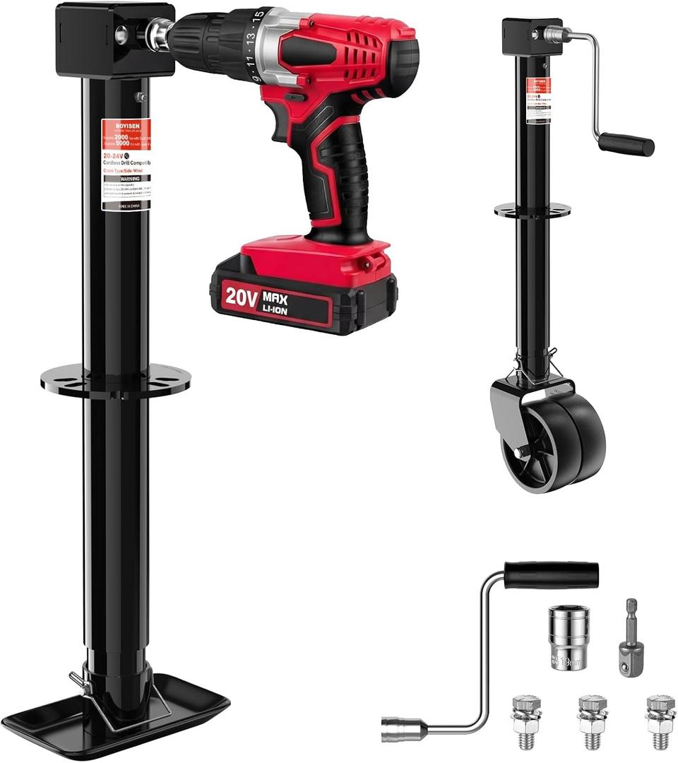 BYERN AUTO A-Frame Trailer Jack, 5000lbs Foot Plate & 2000 lbs Dual-Wheel, 20-24V Cordless Drill Compatible & Hand Crank, 14" Lift, Heavy Duty RV Tongue Jack for Trailer, Utility, Boat, Yacht