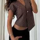 Floerns Women's Striped Button V Neck Shirt Dolman Sleeve Asymmetrical Hem Business Casual Tops (Brown, L)