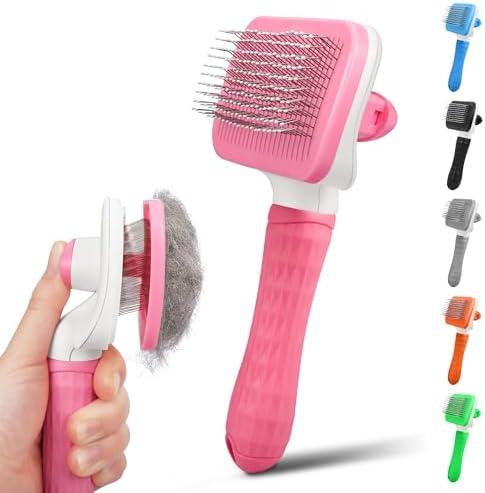 PWOD Dog & Cat Brush, Self Cleaning Slicker Brush for Pets, Upgraded Dog Brush for Shedding Massaging and Grooming, Removes Loose Undercoat & Portable Comb for Long Short Haired Dogs(Pink)