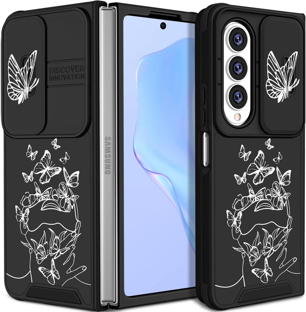 Funermei (2in1 for Samsung Galaxy Z Fold 4 Case Women Girls Butterfly Cute Phone Cover Pretty Girly Aesthetic Black Design Fashion Funda for Samsung Z Fold 4 Cases 7.6'' (2022)
