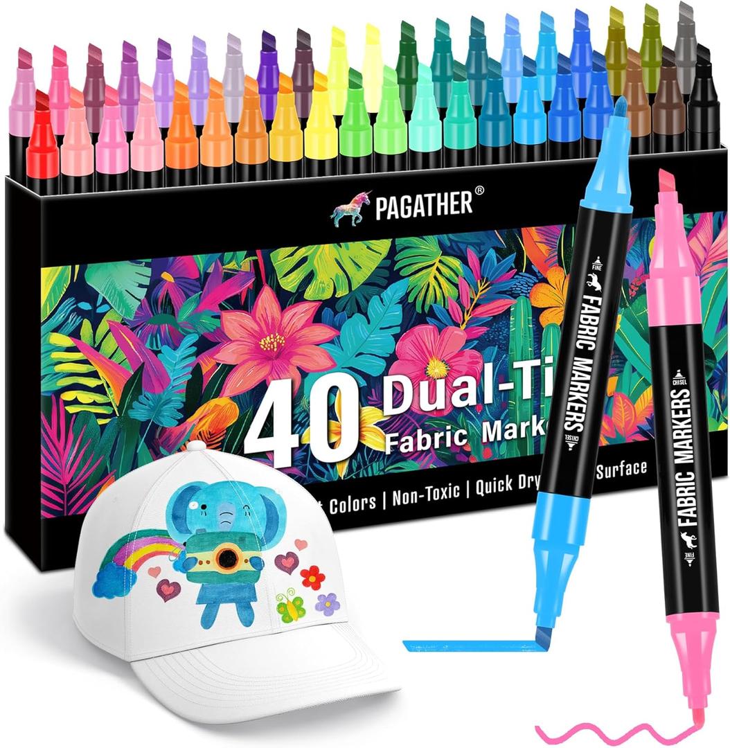 Fabric Markers Permanent for Clothes, 40 Colors Dual Tip with Fine and Chisel Tips Paint Pens for Clothing Canvas Tote Bags T-Shirt and Shoes, Non Toxic Ink for Kids and Adults