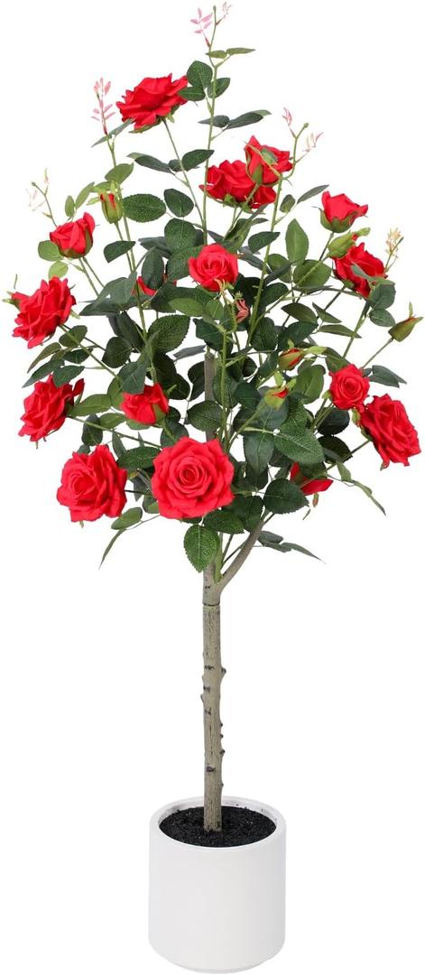 Yepdin 47 inch Artificial Rose Tree with Decorative White Planter,224 Leaves and 24 Blooming Outdoor Fake Flower Trees,Faux Plants for Indoor Home Front Door Decor