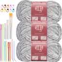 LUNARM Chenille Yarn for Crocheting Knitting, 3 Skein 263 Yard Thick Soft Chunky Fluffy Weaving Plush Yarn for Blankets Clothes Pattern Creations with Big Eye Needles (Light Grey) (Solid Color)