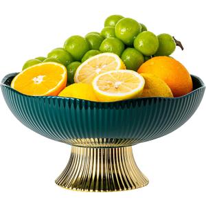 Ceramic Fruit Bowl,10 Pedestal Bowl, Decorated Fruit Tray for Kitchen Counter and Dining Table, Footed Bowls for Afternoon Tea Parties, Bread and Salad Bowl with Golden Feet. (green)