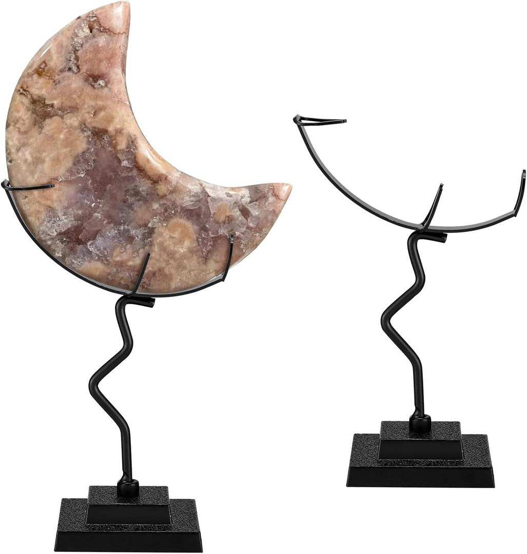 2 Pcs Moon Crystal Holder Rock Display Stand Moon Shaped Crystal Display Gemstones Holder Metal Rock Stands with Base for Gemstones Mini Balls Geodes Mineral Agate Home Office Decor (Black)