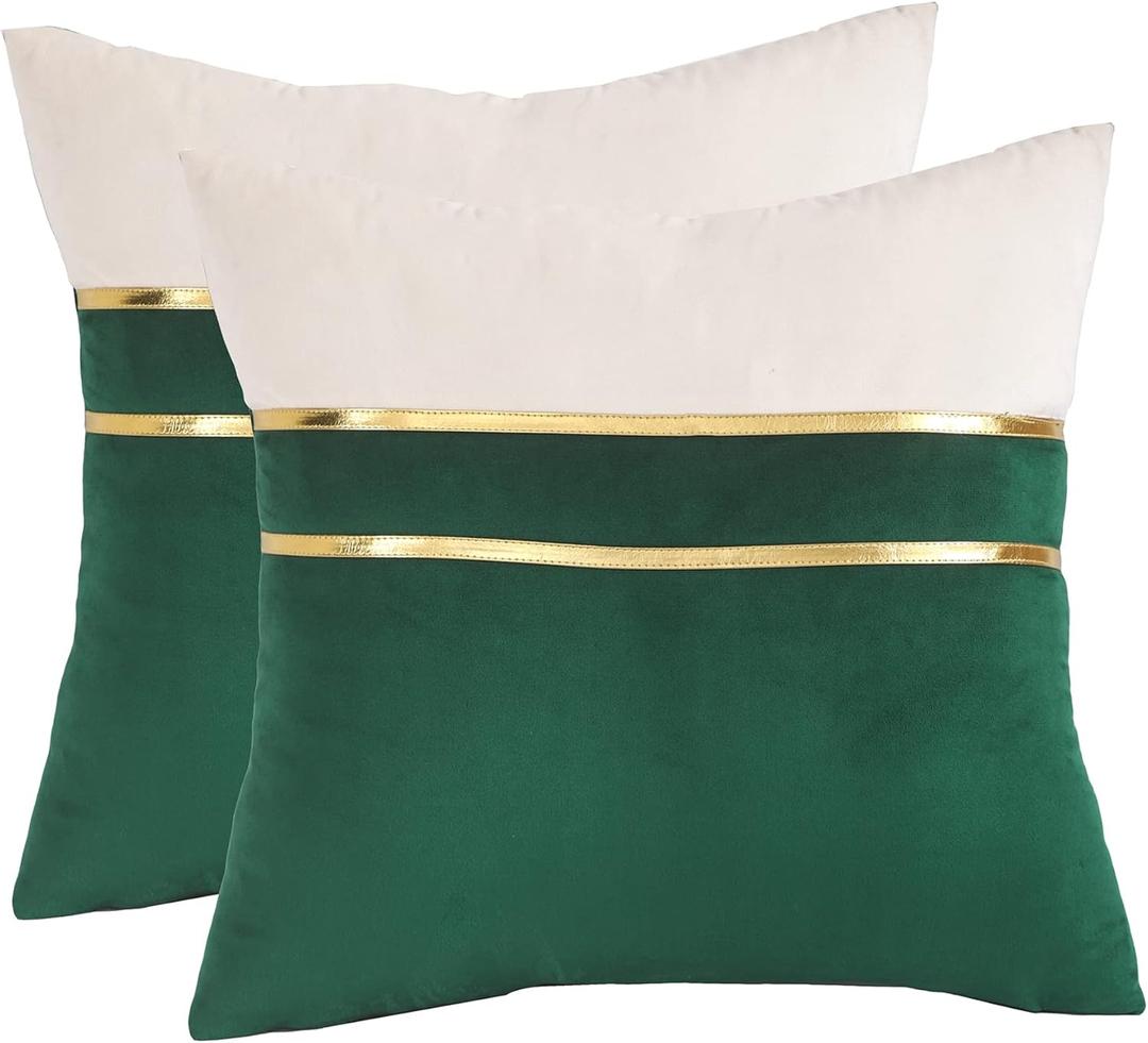 Tosleo Christmas Green Velvet Splicing Throw Pillow Covers 20x20 Inche Pack of 2 with Gold Leather,Soft Decorative Pillow Cover with Gold Leather Farmhouse Couch Pillow Case Square Cushion Case (Z-dark Green)