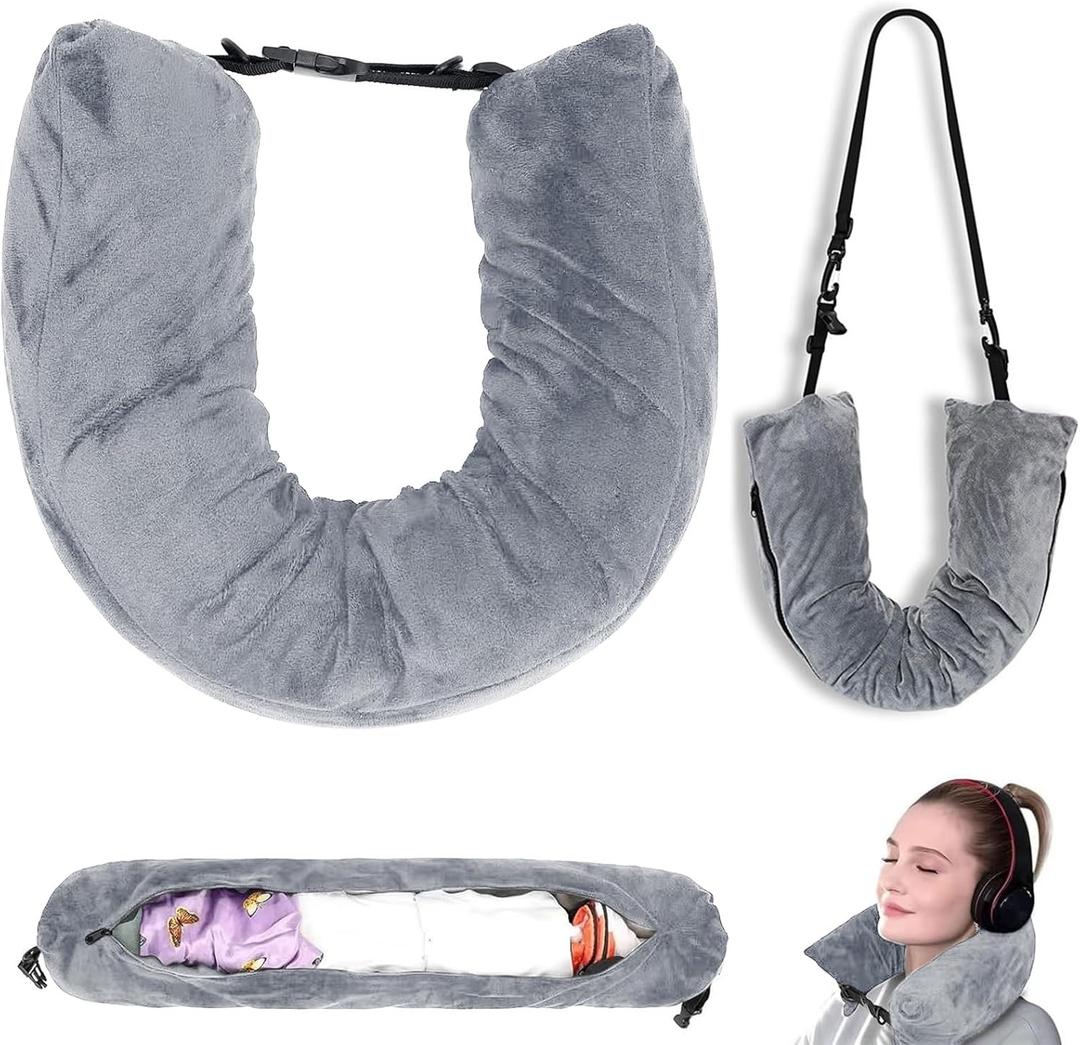 Stuffable Travel Neck Pillow with Storage for Extra Luggage Soft Fillable Travel Cushion for Airplane for Comfort on Long Flights, Gray