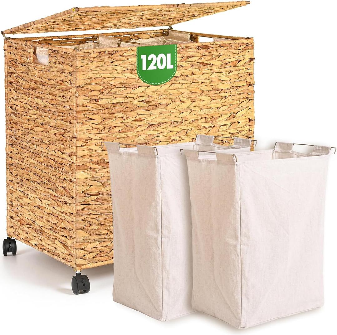 Livole Wicker Laundry Hamper 2 Sections with Lid & Wheel, 30 Gallon (120 L) Handwoven Water Hyacinth Laundry Basket with 2 Removable Liners & Handles for Bedroom Bathroom Laundry Room Natural