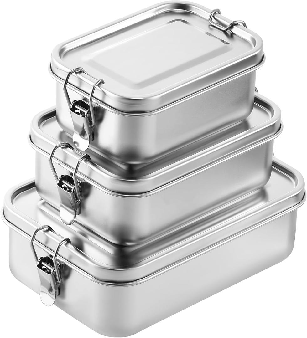 Umigy 3 Pcs Stainless Steel Food Containers 850/1400/2400 ml Metal Bento Lunch Box Stainless Steel Food Storage Containers, Lockable Clips to Leak Proof, Reusable Dishwasher Snack Boxes for Work