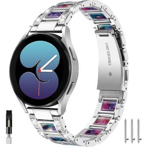 NINKI Sparkling Band Compatible Samsung Galaxy Watch 7/6/5/4 FE 40mm 44mm Classic 43mm 47mm/Classic 42mm 46mm/Active 2 Watch Bands Resin,20mm Stainless Steel Bracelet Band for Galaxy Watch 3 41mm/42mm (normal, Sliver+Purple Green Flower)