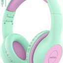 EarFun Kids Headphones Wired with Microphone, 85/94dB Volume Limit Headphones for Kids, Portable Wired Headphone with Shareport, Stereo Sound Foldable Headset for School/Tablet/iPad, Green Violet