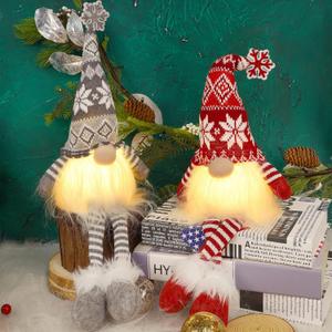Juegoal 2 Pack Lighted Christmas Gnomes with Dangling Legs, 19.5Inch Handmade Scandinavian Swedish Tomte, Battery Operated Winter Tabletop Christmas Decorations Collectible Figurines