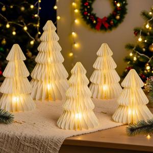 5 Pcs Christmas Table Decorations Indoor, 3D Honeycomb Paper Christmas Trees, Light Up Vintage Table Centerpieces for Christmas Winter Wonderland Holiday Party Weddings Home Decor, 8/10/12 Inch (White)