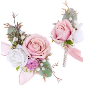 Fnize Pink Corsage and Boutonniere Set for Bride Groom Bridesmaids Groomsmen Wedding Homecoming Flowers Prom Suit Accessories, Rose Boutonniere and Wrist Corsage Flower