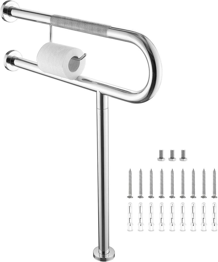 Toilet Grab Bar 24*27.5 Inch, Zynuhmo Anti-Slip U Shaped Support Rail with Paper Holder, SUS304 Stainless Steel Knurled Safety Handrails with Leg for Elderly Disabled Pregnant(1.25'' Dia Tube, Chrome)