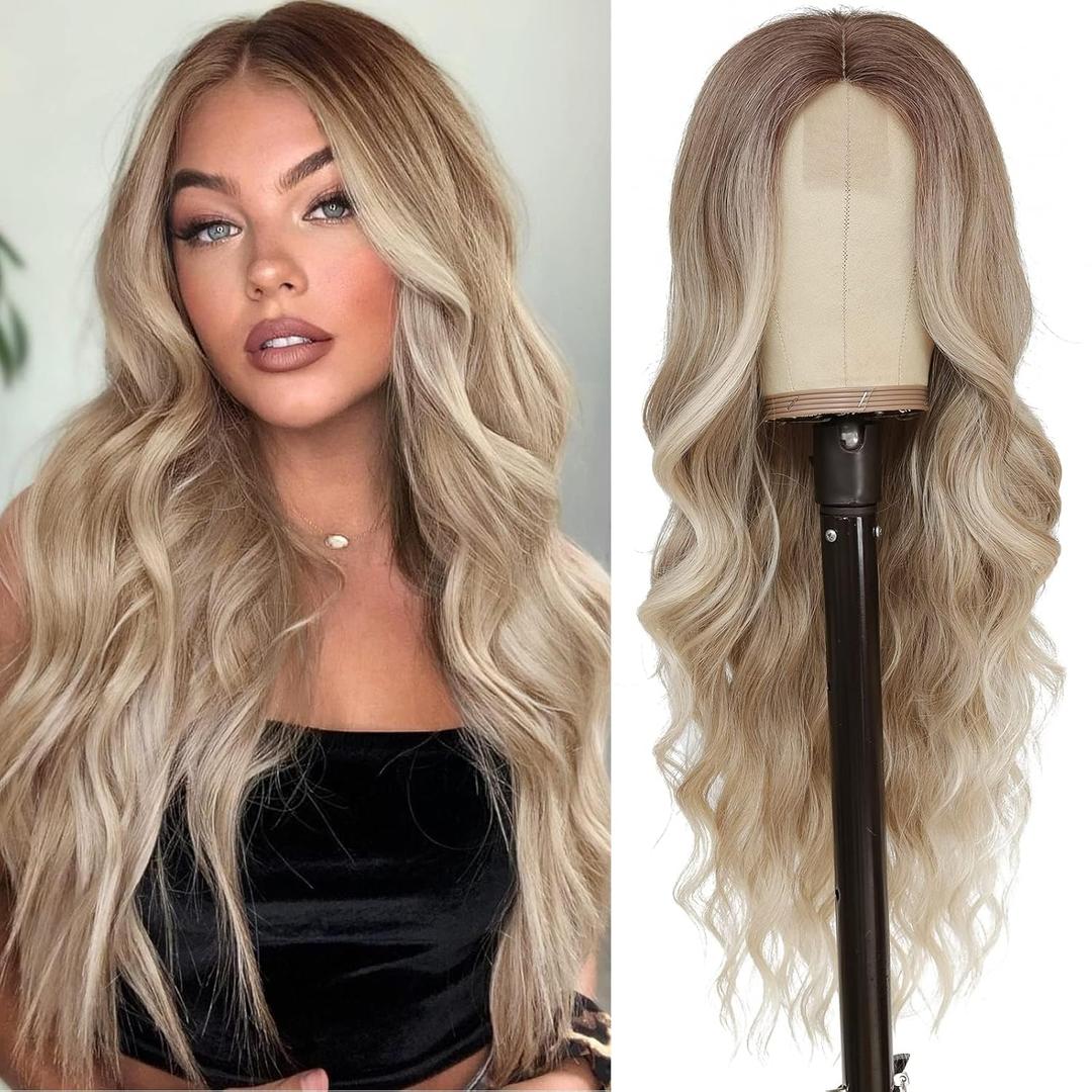 NAYOO Long Blonde Wavy Wig for Women - 26 Inch Middle Part Curly Synthetic Heat Resistant Fiber Wig for Daily Party Use (Ombre Dirty Blonde)