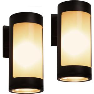 Cerdeco Black Outdoor Wall Lights,Cylinder Stainless Steel Porch Light with Frosted Glass,Modern Outdoor Wall Sconces,2 Pack