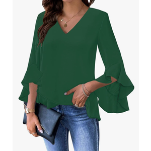 Relipop Womens Blouse Ruffle 3/4 Sleeve Tops V Neck Business Casual Blouses Shirts Spring Summer Outfits 2025, XL