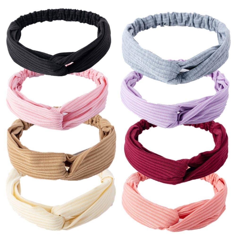 8 Pack Elastic Knotted Headbands for Women - Non-Slip Boho Criss Cross Hair Bands | Solid Twisted Wrap for Yoga, Sports & Daily | Stretchy Cloth Headbands for Women & Girls, One Size