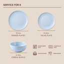 KINGSTONE 12-Piece Bone China Dinnerware Set for 4, Lightweight Porcelain Round Plates and Bowls Set, Durable Scratch Resistant Ceramic Dinner Set, Microwave & Dishwasher Safe, Misty Blue