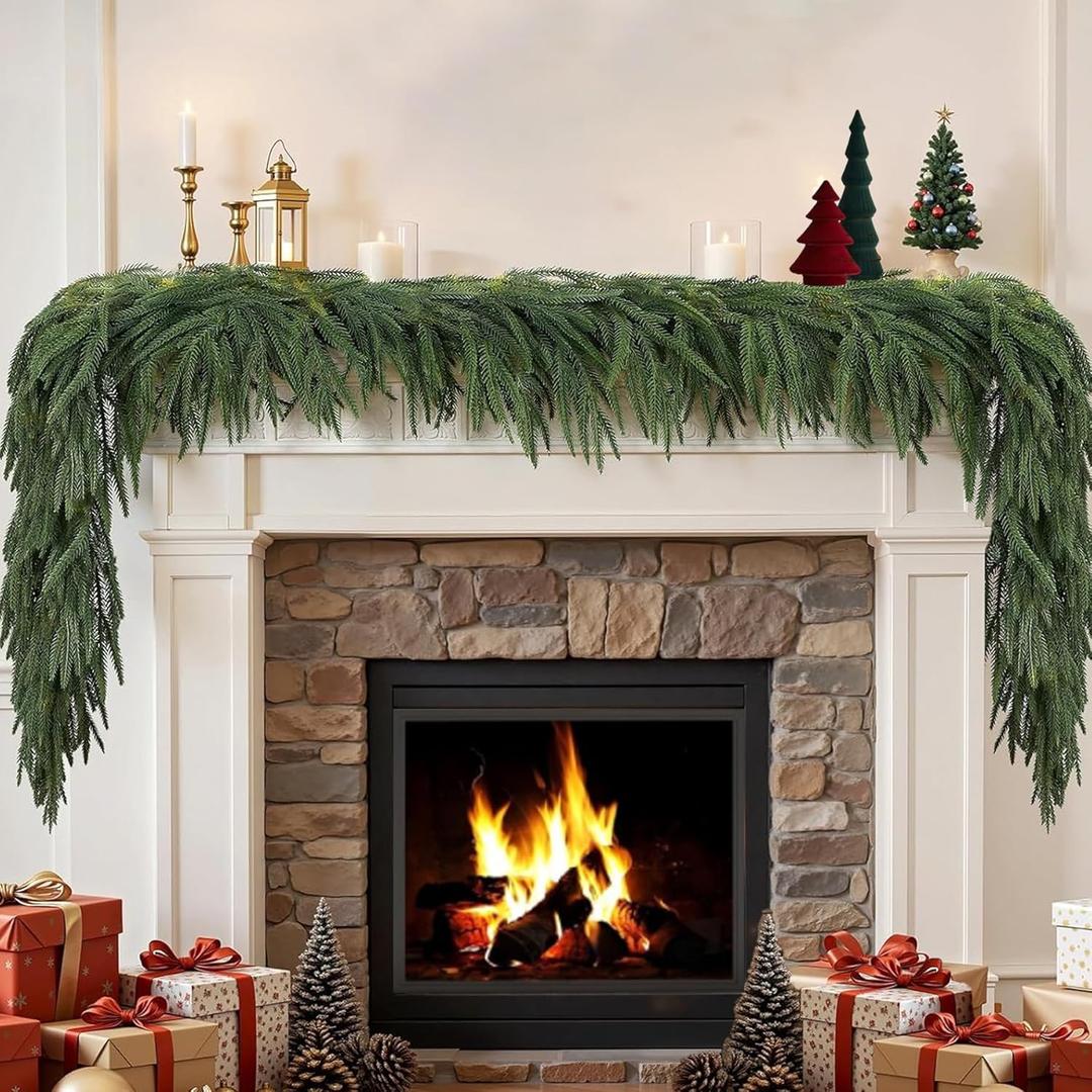 Christmas Norfolk Pine Garlands Soft Bendable Winter Pine Garland Real Touch Artificial Christmas Greenery Garland for Fireplace/Mantle/Table/Window/Stairs/Indoor or Outdoor Xmas Decor (9FT-1PC)