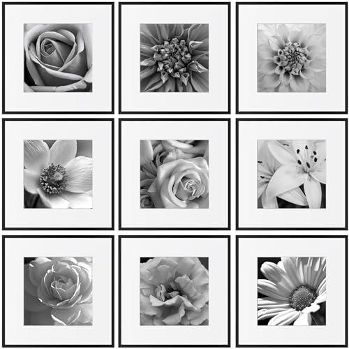 eletecpro 12x12 Aluminum Picture Frames Set of 9 Minimalist Gallery Wall Frame Set Display 8x8 Photo with Mat or 12x12 No Mat, Sleek and Elegant Collage Frames for Wall Decor, Black
