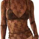 Ugerlov Women's Long Sleeve Mesh Top Mock Neck Sheer Blouse See Through Floral Lace Tops, M