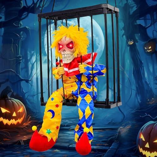 MGparty Halloween Screaming Animated Decorations Halloween Decor Prop with Motion Sensor Scary Skull Cage Prisoner Spooky Hanging Ghost Light Up Eyes