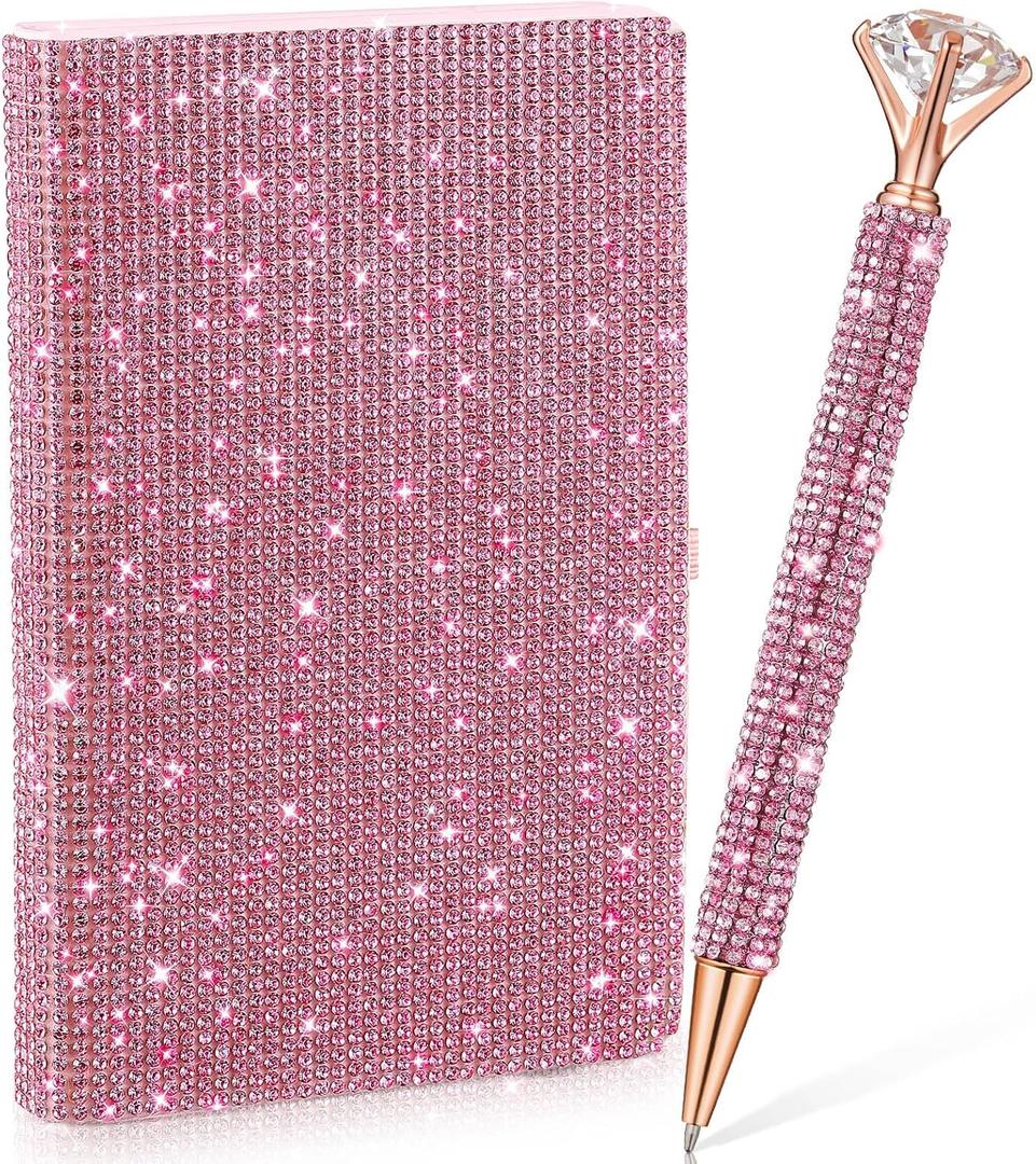 Rhinestone Notebook Pen Sets Glitter Pocket Notebook Crystal Pens Mini Diamond Journal Hardcover Bling Diary Office Desk Accessories for Women Birthday Gift(Rhinestone,A6,Pink)
