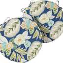 Set of 2 Outdoor 18 inch Round Patio Dining Chair Pads – Comfortable Fiber-Filled Seat Cushions with Ties, Reversible Polyester Fabric, Marlow Blue Floral, 18" x 18" x 2.5"