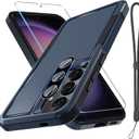 RMOCR Case for Samsung Galaxy S25, Full Body Heavy Duty Rugged Shockproof Protective Phone Cover with Lanyard Strap, Tempered Glass Screen Protector and Camera Lens Cover, Navy Blue