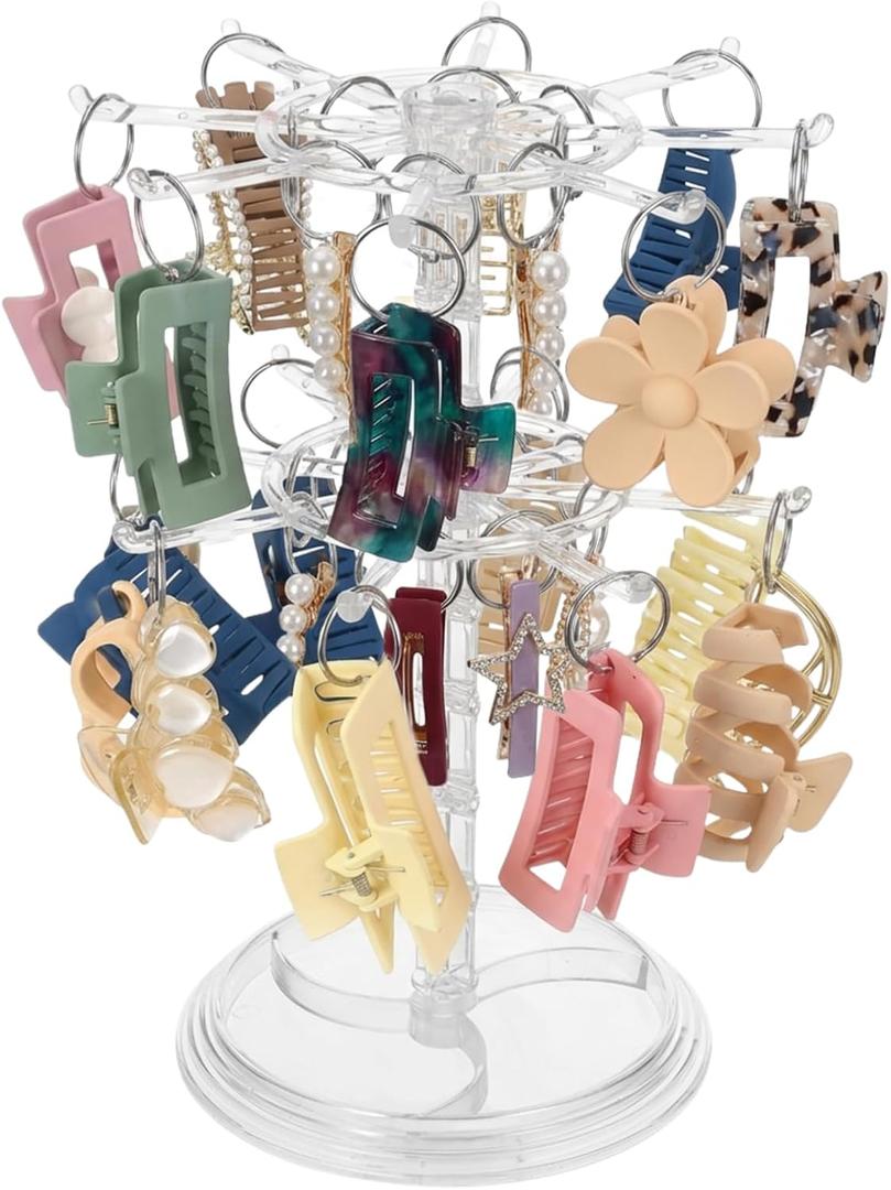 2 x 2-Tier Acrylic Rotatable Claw Clip Organizer Rack, Large Capacity Hair Claw Clips Holder with Tray for Bathroom Bedroom Dressing Table, Clear Hair Accessories Organizer Storage with 32 Metal Rings