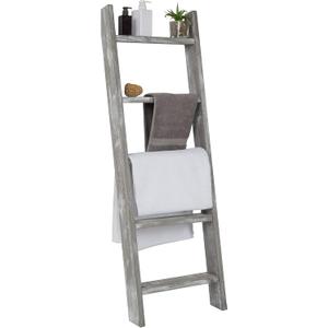 MyGift Large Whitewashed Wood Ladder Blanket Ladder, Farmhouse Style Wall Leaning Towel Rack with 5 Rungs (Graywashed)