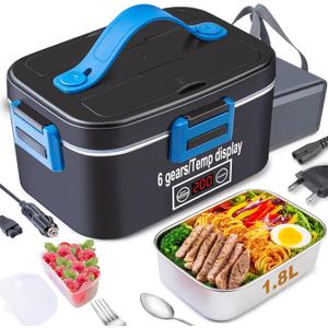 Nifogo Electric Lunch Box for Adults 80W with Temperature Display Heated Lunch Box Food Warmer Lunch Box 1.8L Stainless Steel Container&Bag 12V/24V/110V for Car/Truck/Work(Blue)