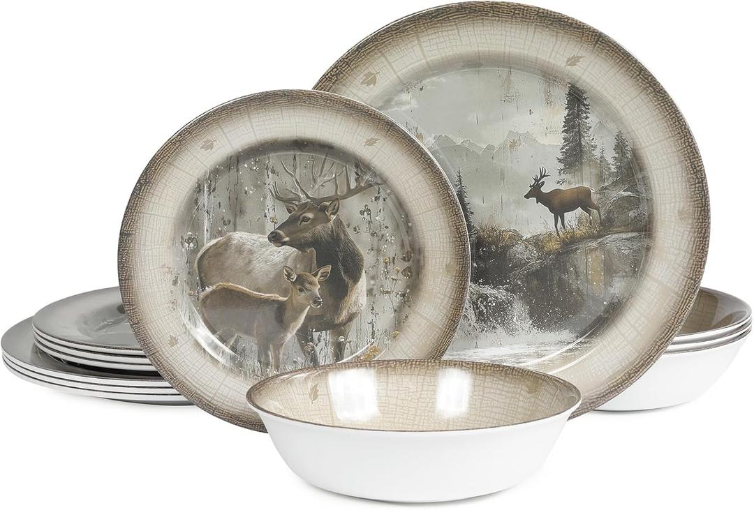 Melamine Dinnerware set for 4 - Dinner Plates Bowls Set 12 PCS Durable BPA Free Dishwasher Safe Shatter-Proof Chip Resistant for Indoor Outdoor, Deer