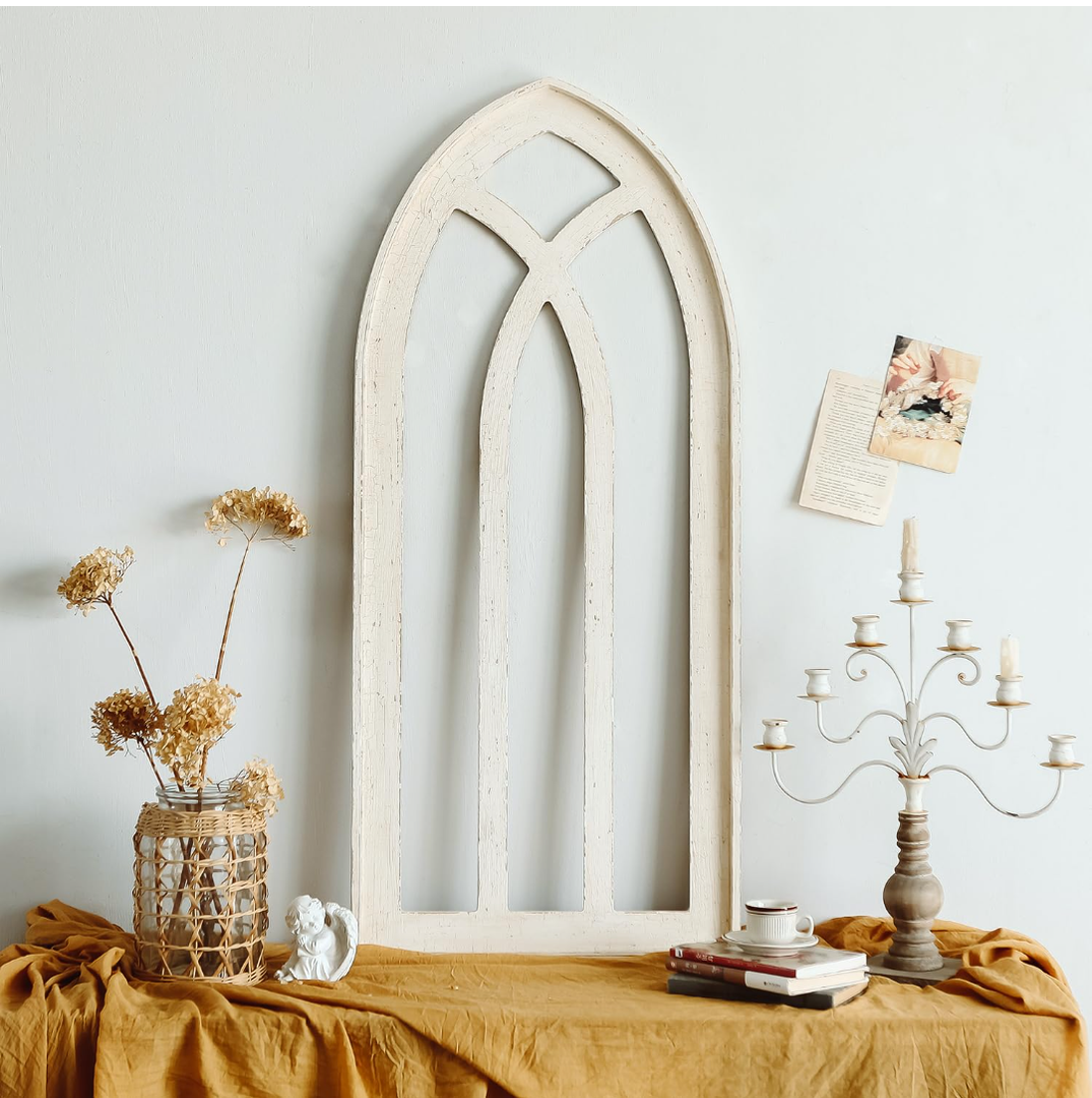 Arched Wooden Window Frame Wall Decoration, Rustic Farmhouse Wood Window Pane Hanigng Art Decor,  inches Gothic Cathedral Style Spire Design Wall Mounted Fake Window Decor, Distressed White(21x48) Inch