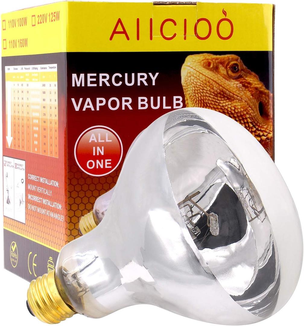 Aiicioo UVB Reptile Light 160W - UVB Light Bulb for Reptile Mercucry Vapor Bulb Heat Basking Lamp Bulb Full Spectrum UVA UVB All in One Sun Lamp for Bearded Dragon Lizard Turtle