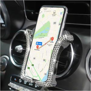 Bling Car Phone Holder, Rhinestone Mini Vehicle Air Vent Dashboard Windshield Cellphone Mount, 360 Adjustable Diamond Auto Smartphone Stand for Women Girls, Universal Fit (Black)