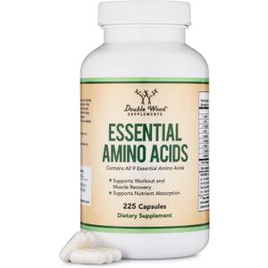 Essential Amino Acids - 1 Gram Per Serving Powder Blend of All 9 Essential Aminos (EAA) and All Branched-Chain Aminos (BCAAs) (Leucine, Isoleucine, Valine) 225 Capsules, Gluten Free by Double Wood (exp date: 10/2027)