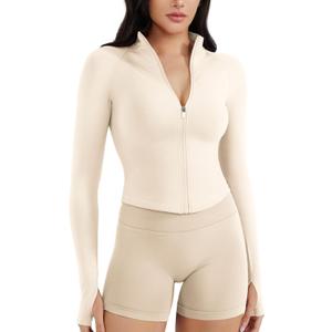 YEOREO SoftHue Women's Athletic Jacket Cropped Long Sleeve Workout Top Zip Up Gym Compression Shirts with Thumb Holes (Large, Off-white)