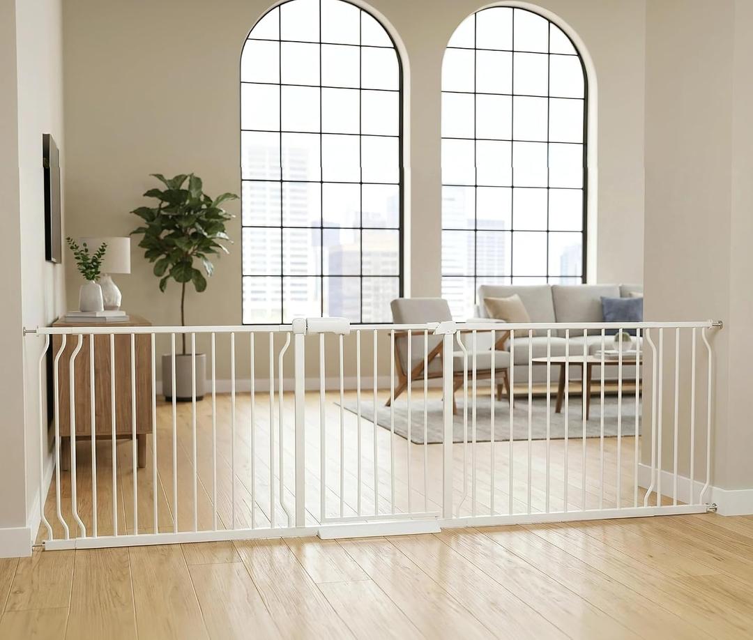 Heavy Duty Baby & Dog Safety Gate 86-104.7 Inch, White Metal, Tension Mounted No Drilling Pet Gate for Large Openings