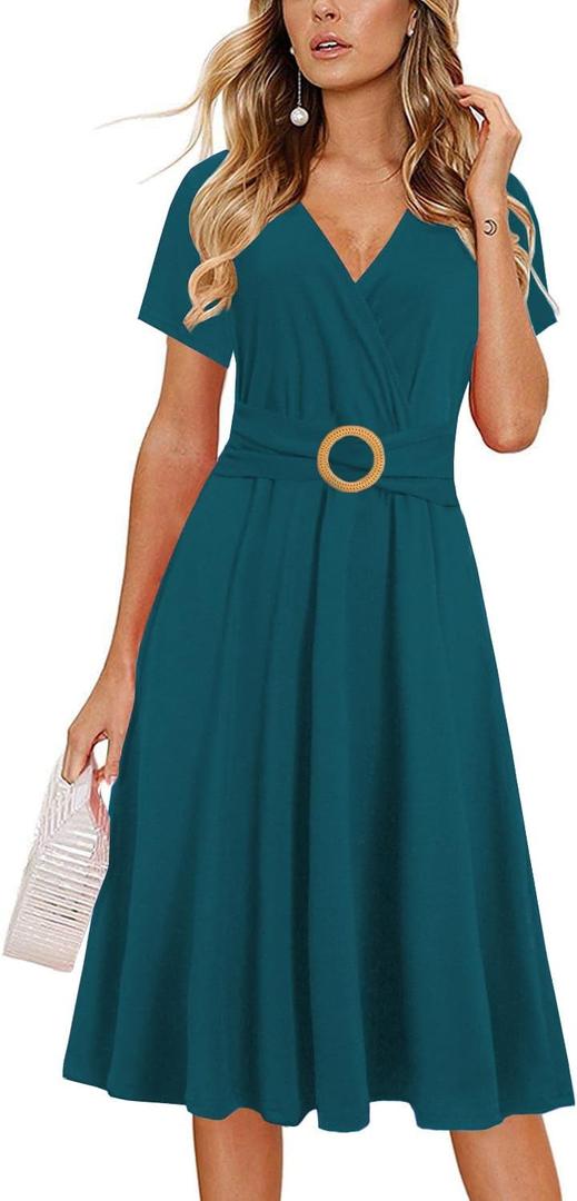 Women's Elegant Criss-Cross V Neck Vintage Short Sleeve Work Casual Fit and Flare Tea Dress with Pockets 980 (Large)