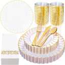 YOUBET 175PCS Gold Scalloped Plastic Plates - Clear and Gold Disposable Dinnerware Set Include 50 Plates, 75 Gold Silverware, 25 Cups, 25 Napkins for Party & Wedding