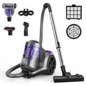 Aspiron 1700W Canister Vacuum Cleaner, 45Kpa Bagless Vacuum Cleaner, Multi-Cyclonic Filtration, 2 Anti-Allergen HEPA Filters, 3.5QT Dust Cup, 4 Tools, Corded Vacuum for Hard Floor, Pet Hair, Violet